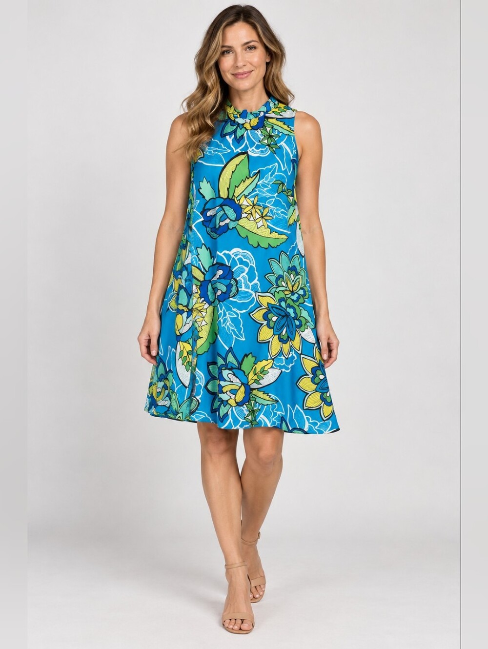 Kaari Blue Turquoise Floral Sleeveless High Neck Dress Size S